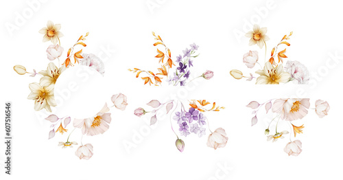 Set of floral frames with wildflowers on a white background