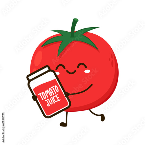 Cute tomato character design. Happy vegetable vector illustration. Cartoon tomato. Tomato juice.