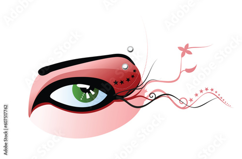 Vector illustration of a green eye with red make-up and pierced eyebrow