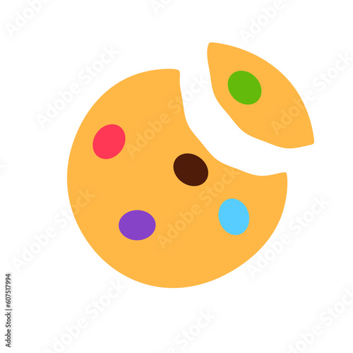 Cookie with colorful candy and missing bite isolated on white background. Gourmet crispy meal sign or logo flat design. Baked wholemeal wheat broken dessert. Yummy breakfast food vector illustration.