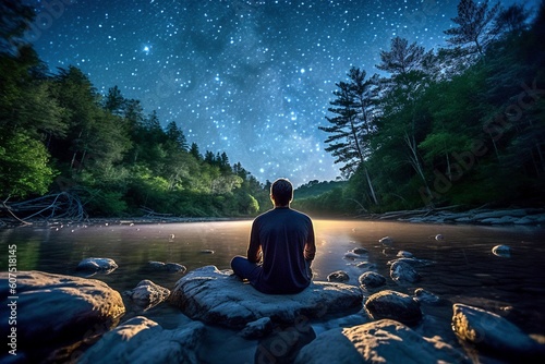 Starlit Serenity: Man Contemplating by River - AI Generative © Digital Dreamscape