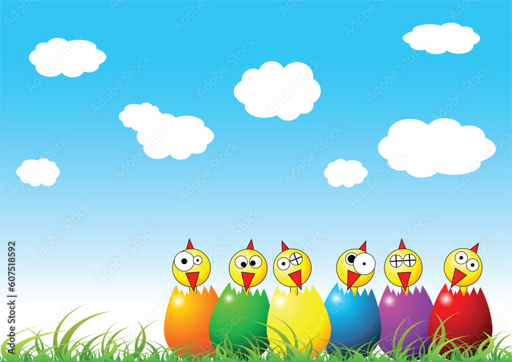 Easter chicks and eggs on grass over cloudy blue sky Easter chicks and eggs on grass over cloudy blue sky