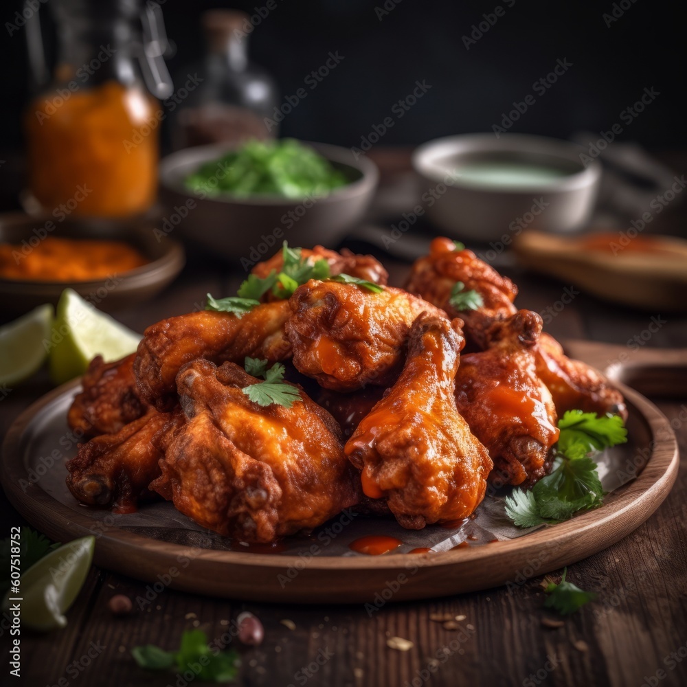 A delicious serving of chicken wings with sauce. Generative AI. 