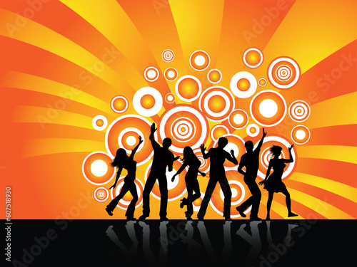 Silhouettes of people dancing on retro background