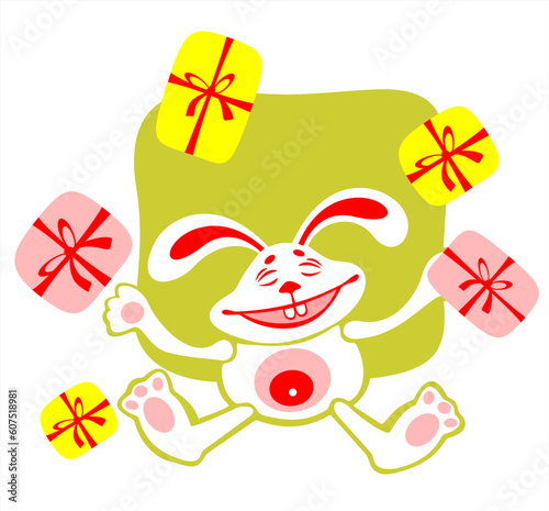 Happy rabbit and gift boxes. Digital illustration.