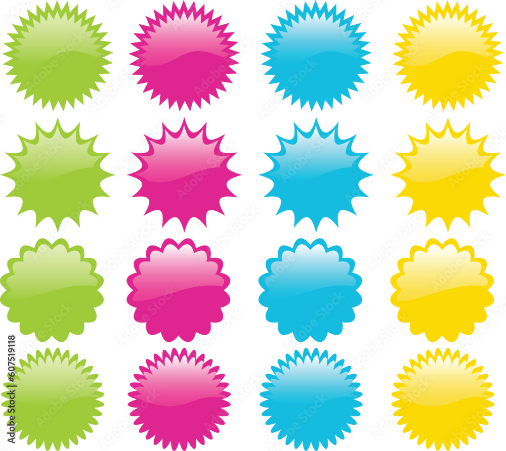Brightly coloured startburst buttons