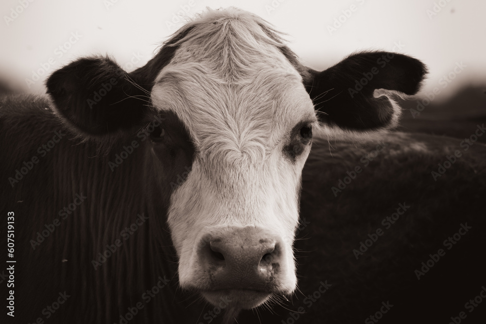 black and white image of a cute adult cow head on a farm with a cow herd in the background. black and white image of a cute adult cow head on a farm with a cow herd in the background.