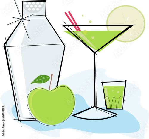 Retro-stylized cocktail spot illustration: Green Apple Martini