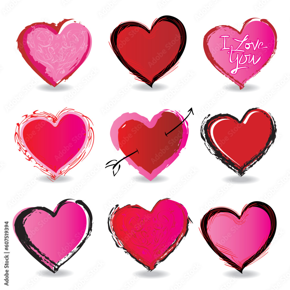 Painted Valentine's Day heart icons in red, pink, black. Easy-edit layered file Painted Valentine's Day heart icons in red, pink, black. Easy-edit layered file