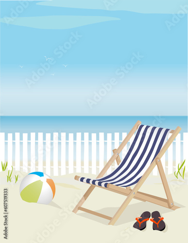 Nice deck chair at the beach, complete with beach ball and flip-flops; Easy-edit layered file. Lots of copy space.