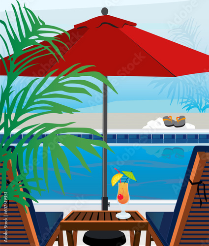 Relaxing tropical swimming pool and chaise lounges; Easy-edit layered file.