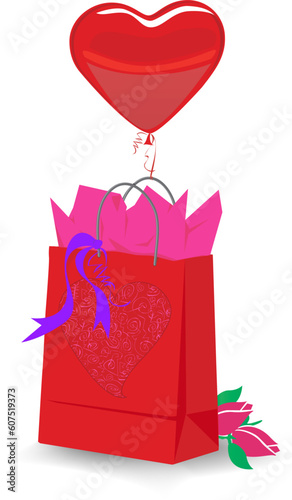 Valentine's Day gift bag with tissue and ribbon; heart shaped balloon; roses. Easy-edit layered file