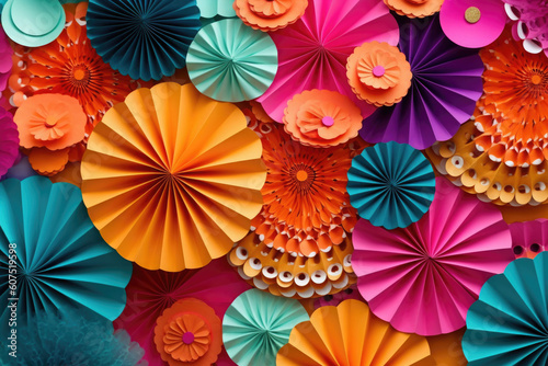 Colored background made of paper colorful fans. Decoration textured with layers. Generative AI
