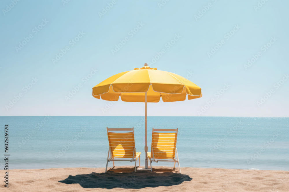 Two deck chairs under parasol in tropical beach. Generative AI