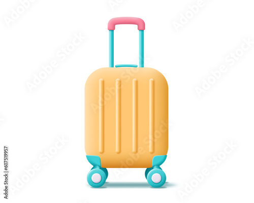 3D luggage vector icon. Render yellow suitcase for vacation, holiday, tourism, travel, booking, business and time to travel concept. 3d rendering luggage cartoon minimal illustration