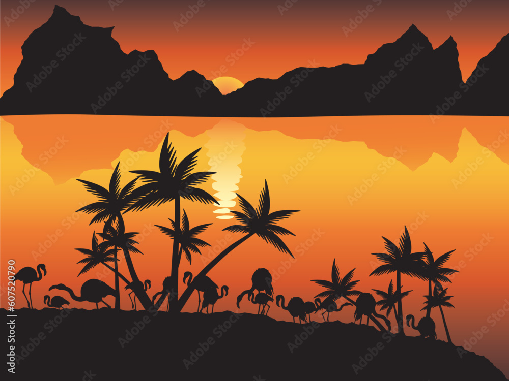Vector image of decline with flamingo, moutains, ocean and palm trees.