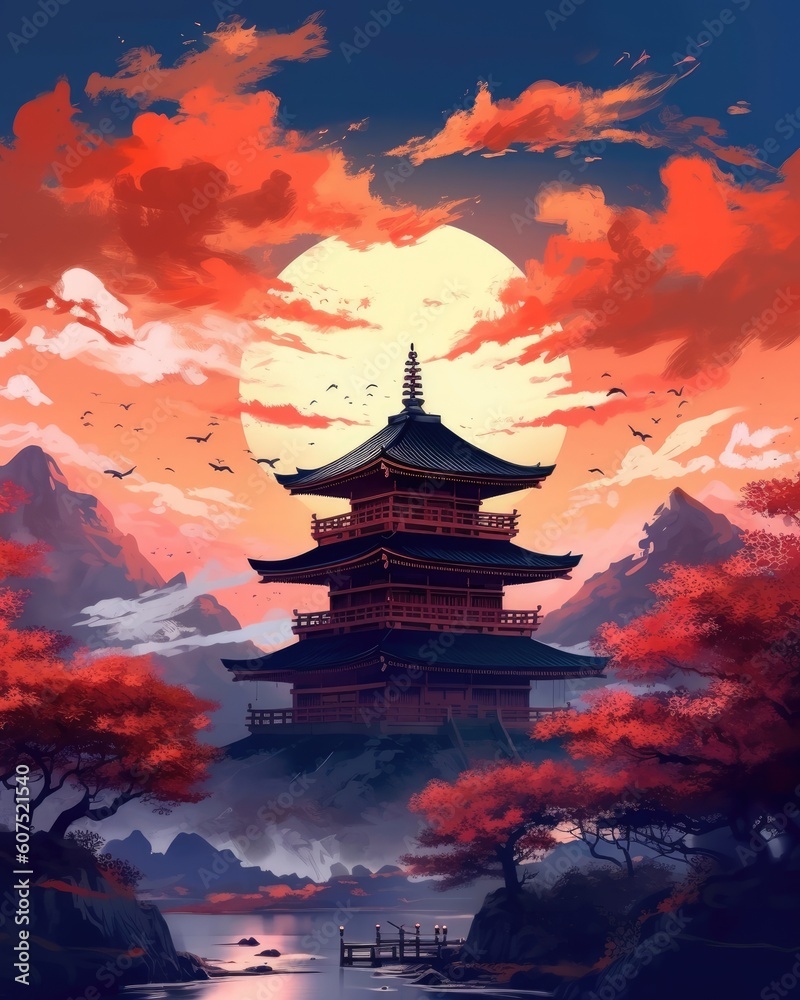 Obraz premium The background of Japanese game art. (Illustration, Generative AI)