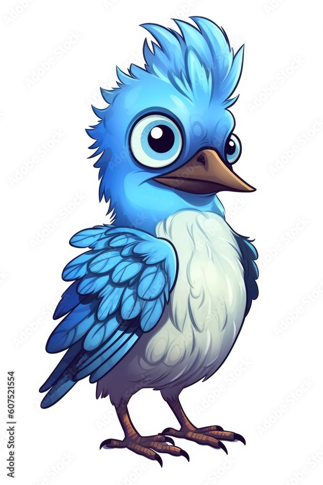 Cute baby Blue Jay in Cartoon Style on white background - generative AI