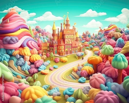 A fantasy landscape made of rainbow candies in 3D illustration. (Illustration, Generative AI)