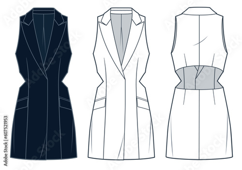 Blazer Dress technical fashion illustration. Cutout Mini Dress Jacket fashion flat technical drawing template, slim fit, sleeveless, peak lapel, front, back view, white, black, women CAD mockup set.
