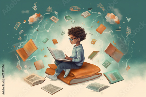 illustration of kid playing and study with book made with Generative AI