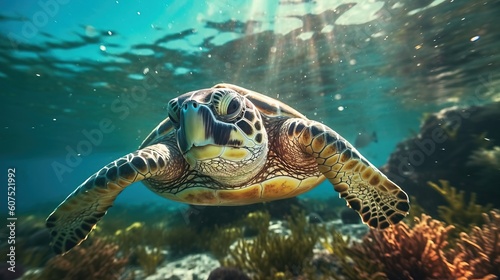 a sea turtle swimming in the ocean. Generative AI Art. © designprojects