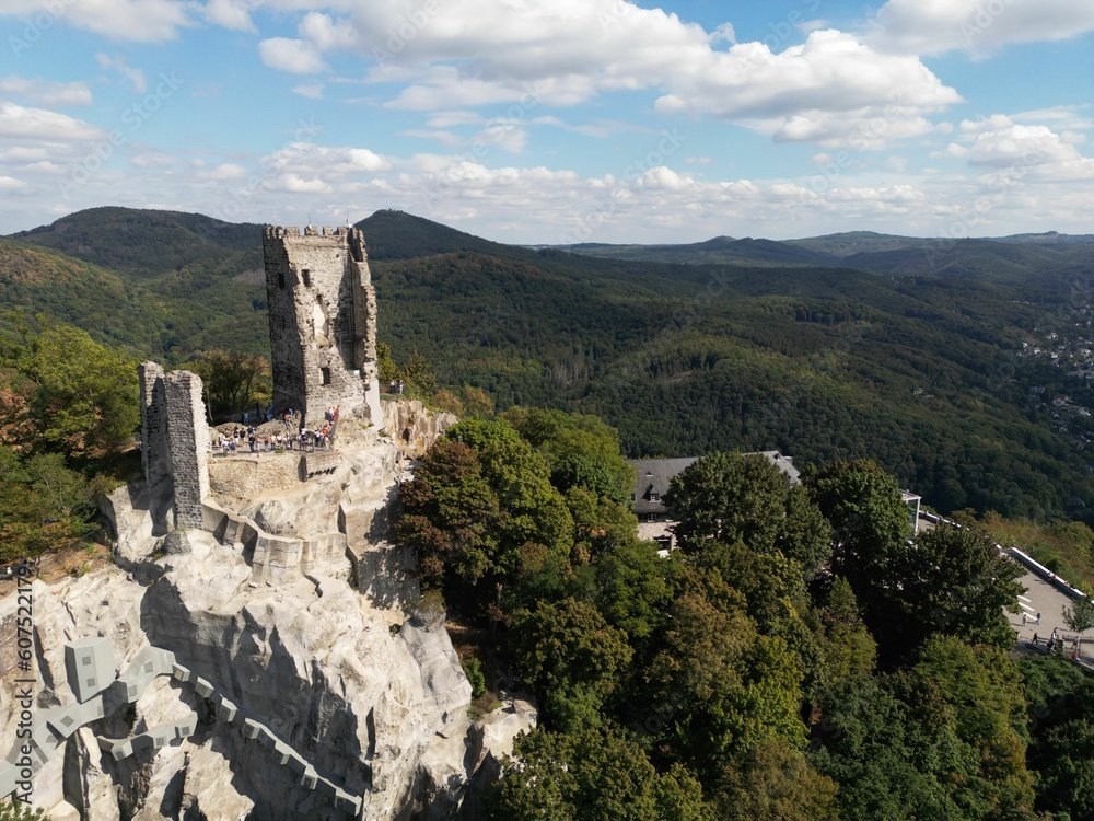 Drone shot of the Burg Drachenfels castle on a rocky hill surrounded by green vegetation in Germany