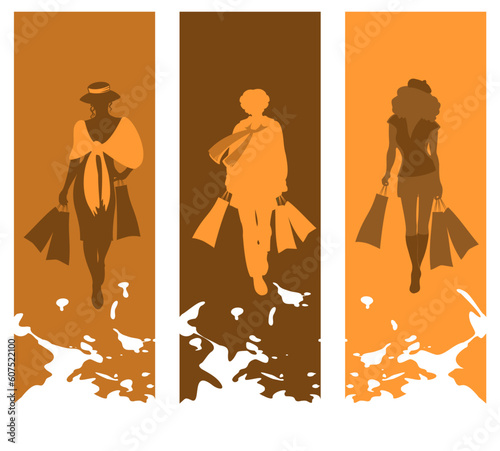 Three women silhouettes with packages on a grunge background.