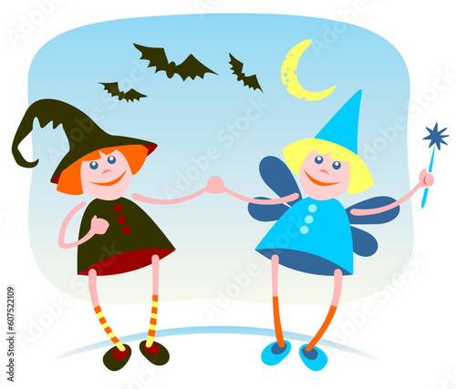Young cartoon witch and fairy on a blue background. Halloween illustration.