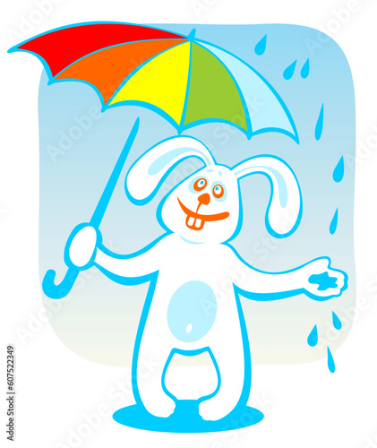 Cartoon rabbit with umbrella isolated on a blue background.