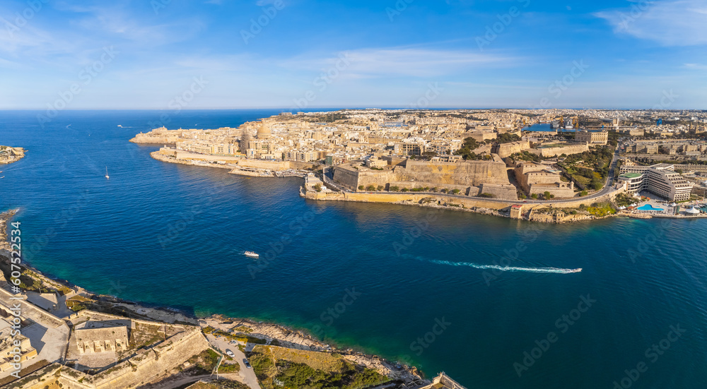 Drone panoramic view of Valletta old town, sea, Malta island, Europe