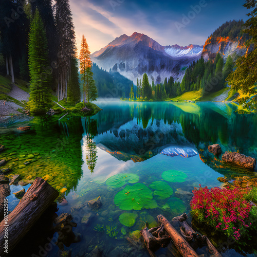lake and mountains beautiful landscape  realistic  Swiss  Generative AI