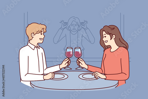 Stalker girl is watching date of former boyfriend drinking wine in restaurant with new girlfriend. Concept of jealousy and surveillance of loved one going on date or betrayal from cheating husband