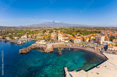 View of Stazzo old city, Catania, Sicily, Italy. Summer beach and sea