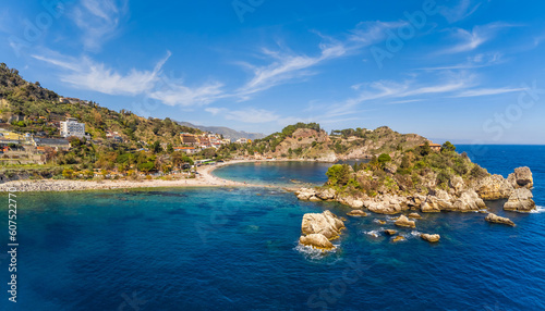 Aerial view of summer beach and sea in Taormina  Sicily  Italy  Europe