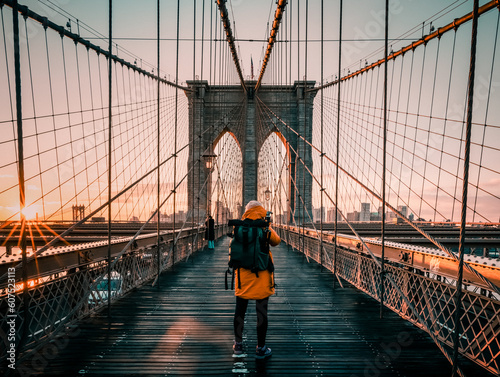 silhouette of a tourist on the  Brooklyn Bridge in New York city © Agata Kadar