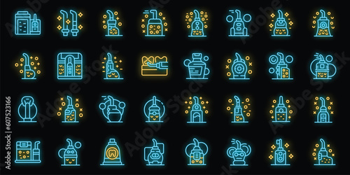 Irrigator for teeth icons set outline vector. Water teeth. Oral medical neon color on black