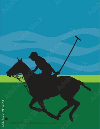 Black silhouette of a polo player and horse against a blue and green background