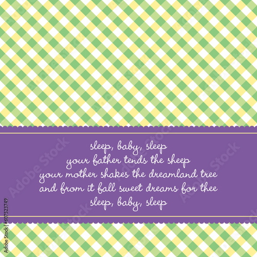 Bright colored birth announcement or greeting card with vichy background and baby lullaby