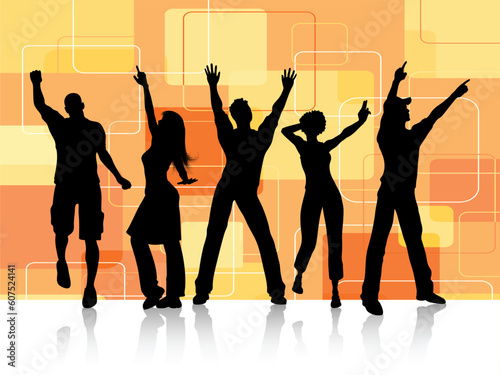 Silhouettes of people dancing on retro background