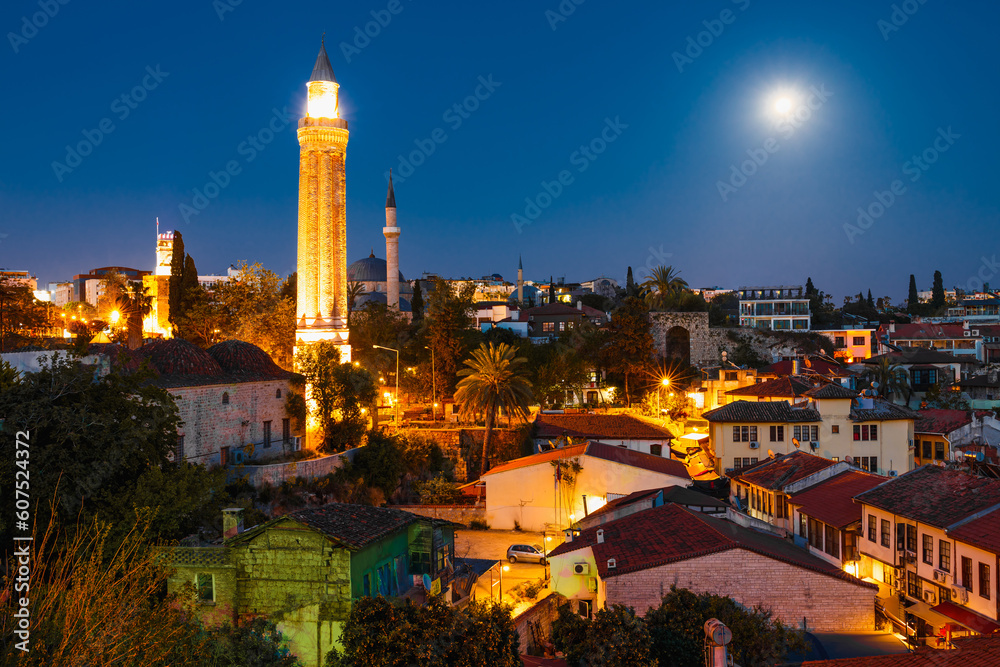 Naklejka premium Night view of old town Kaleici and mosque in Antalya, Turkey in summer