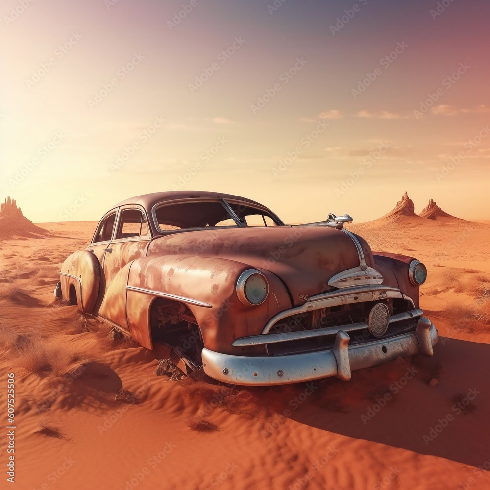 Abandoned Retro Car in Sahara Desert - Mixed Media Illustration, generative AI