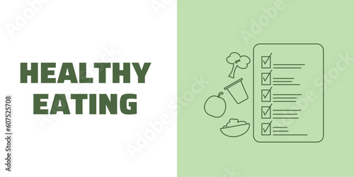 Healthy Eating Banner on White and Green Background. Stylish Banner with Text and Icons for Healthcare and Medical
