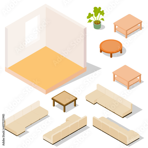 Vector isometric empty room with one window , set of sofas and tables