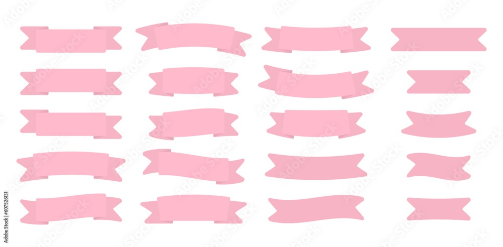 Cute ribbons set. Pink ribbon banner collection. Vector illustration isolated on white.