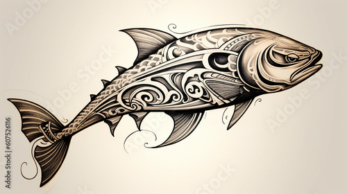 Polynesian art with intricate details of a salmon fish. Ideal for a tattoo design. 