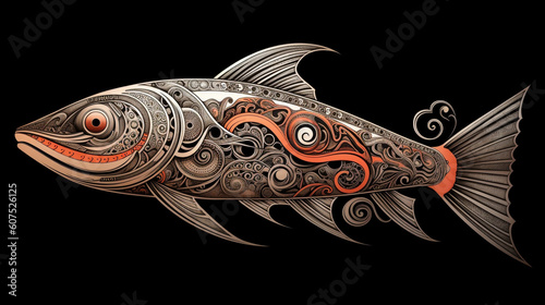 Polynesian art with intricate details of a salmon fish. Ideal for a tattoo design. 
