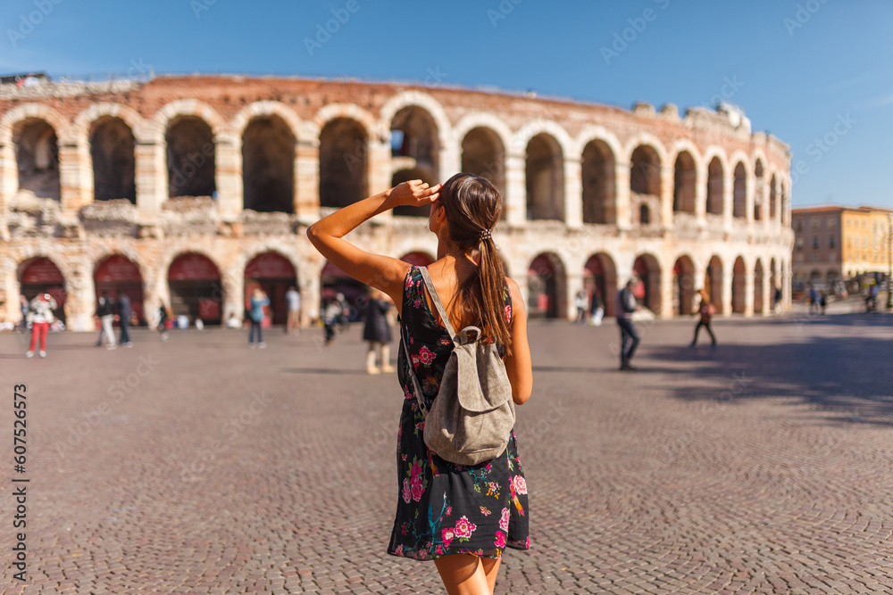 Toirust woman in Verona, Italy. Arena Verona, Roman amphitheater