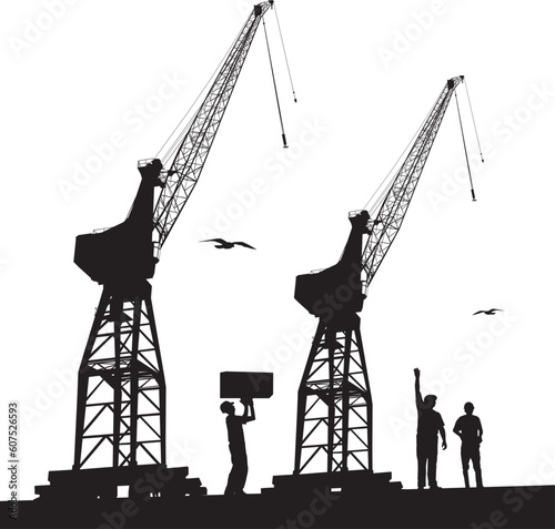 Silhouette of harbour workers and port cranes
