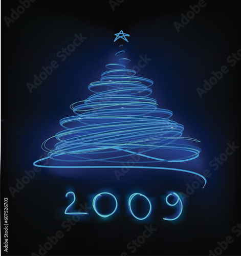 Abstract Blue Neon Christmas tree on the black background.  Vector illustration.